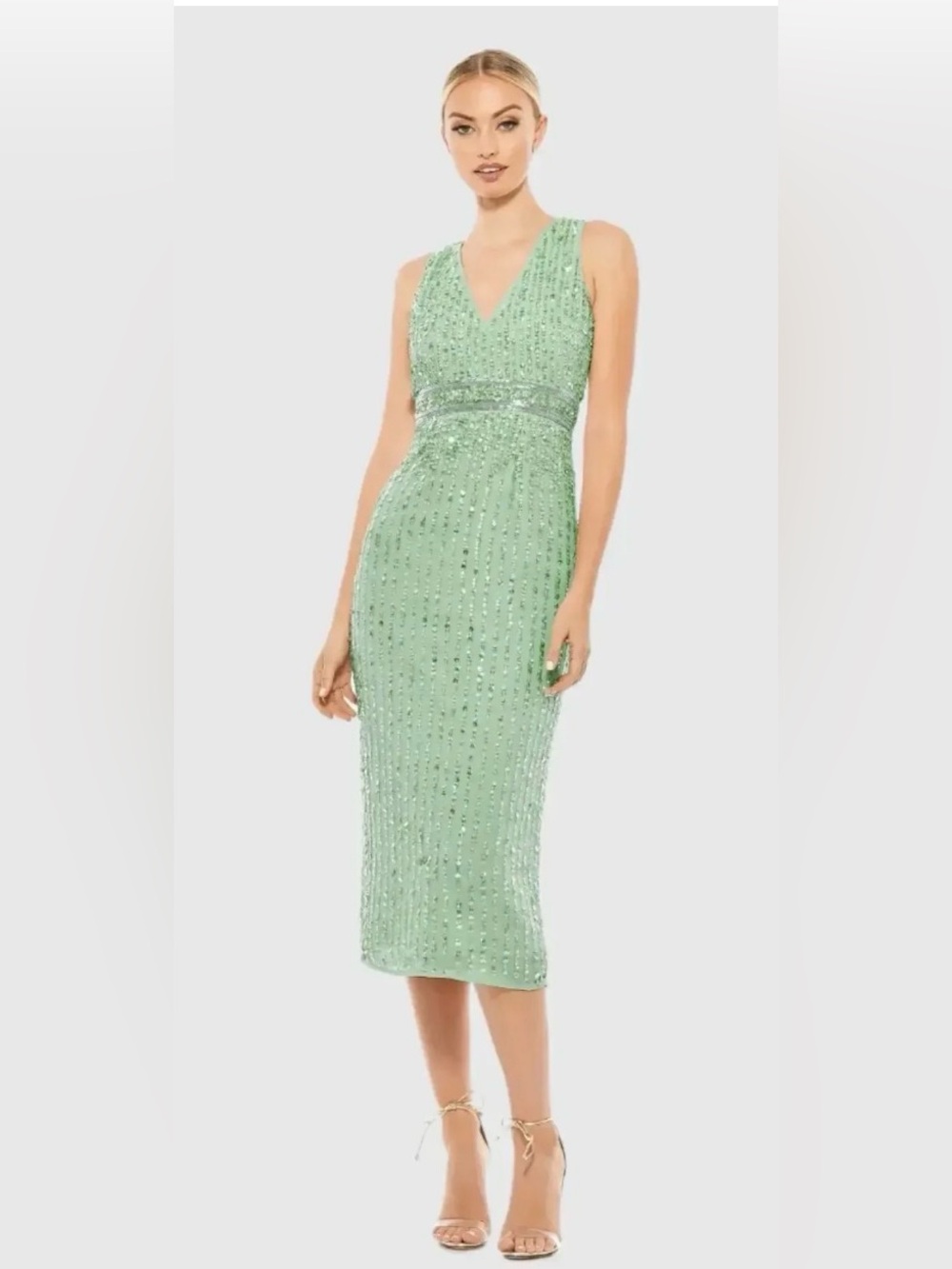 Mac Duggal Sequined Sleeveless V-Neck Midi Sheath Dress Sage